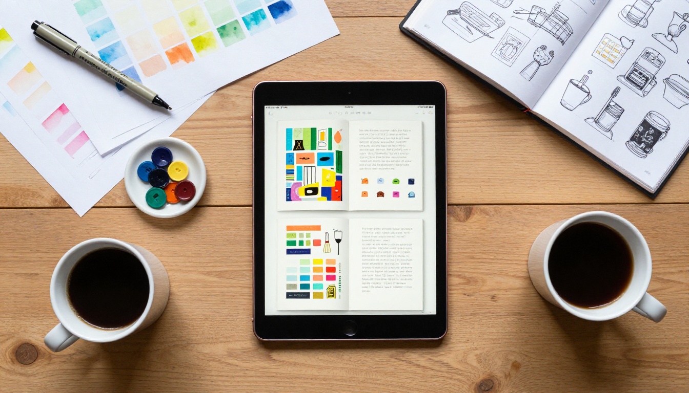 Aerial flat-lay of a creative workspace with an iPad showing a colorful open flipbook portfolio surrounded by design tools and color swatches Aerial flat-lay of a creative workspace with an iPad showing a colorful open flipbook portfolio surrounded by design tools and color swatches