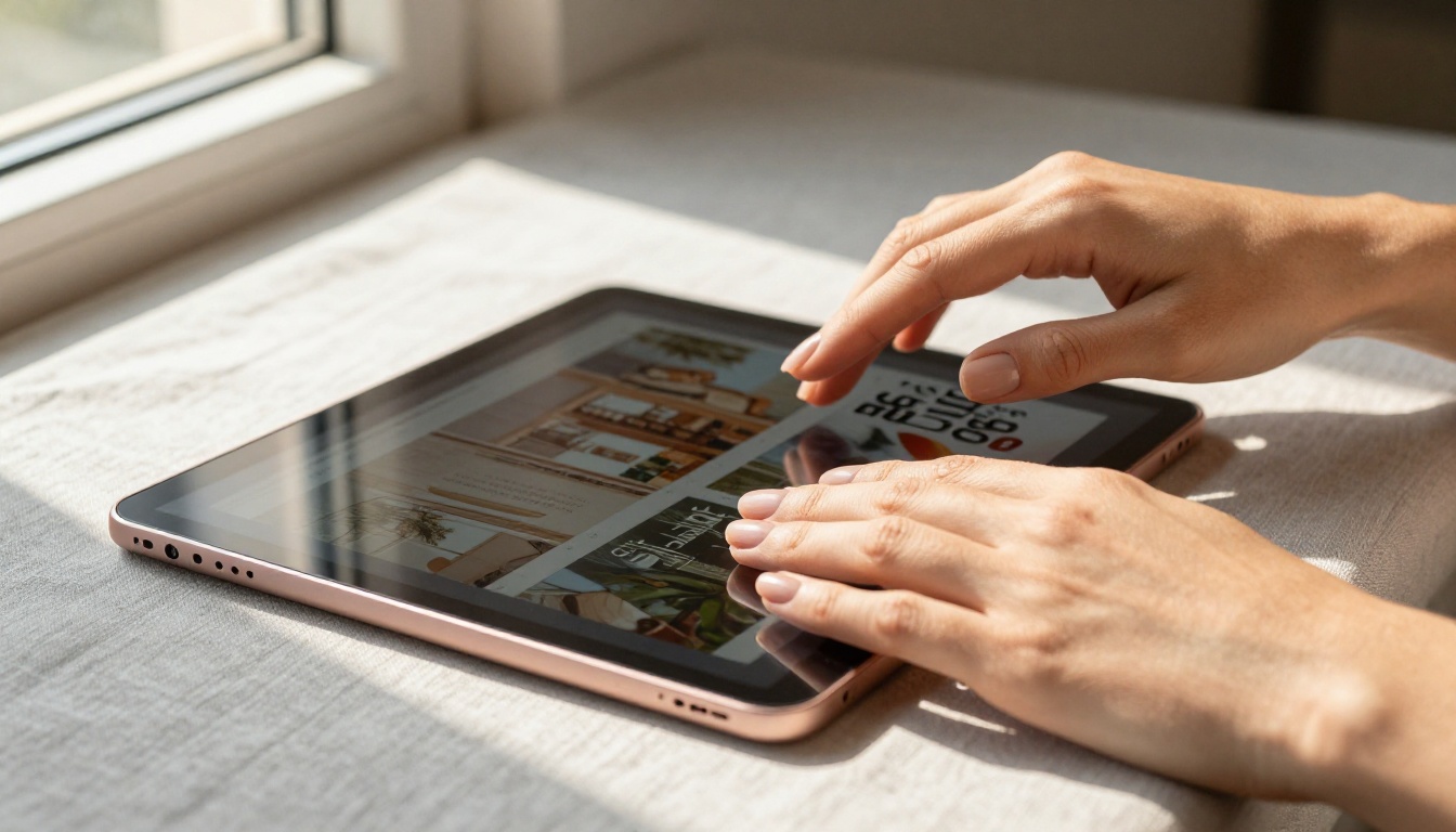 An elegant woman scrolling through an interactive flipbook portfolio on a rose gold iPad, warm afternoon light on her hands An elegant woman scrolling through an interactive flipbook portfolio on a rose gold iPad, warm afternoon light on her hands