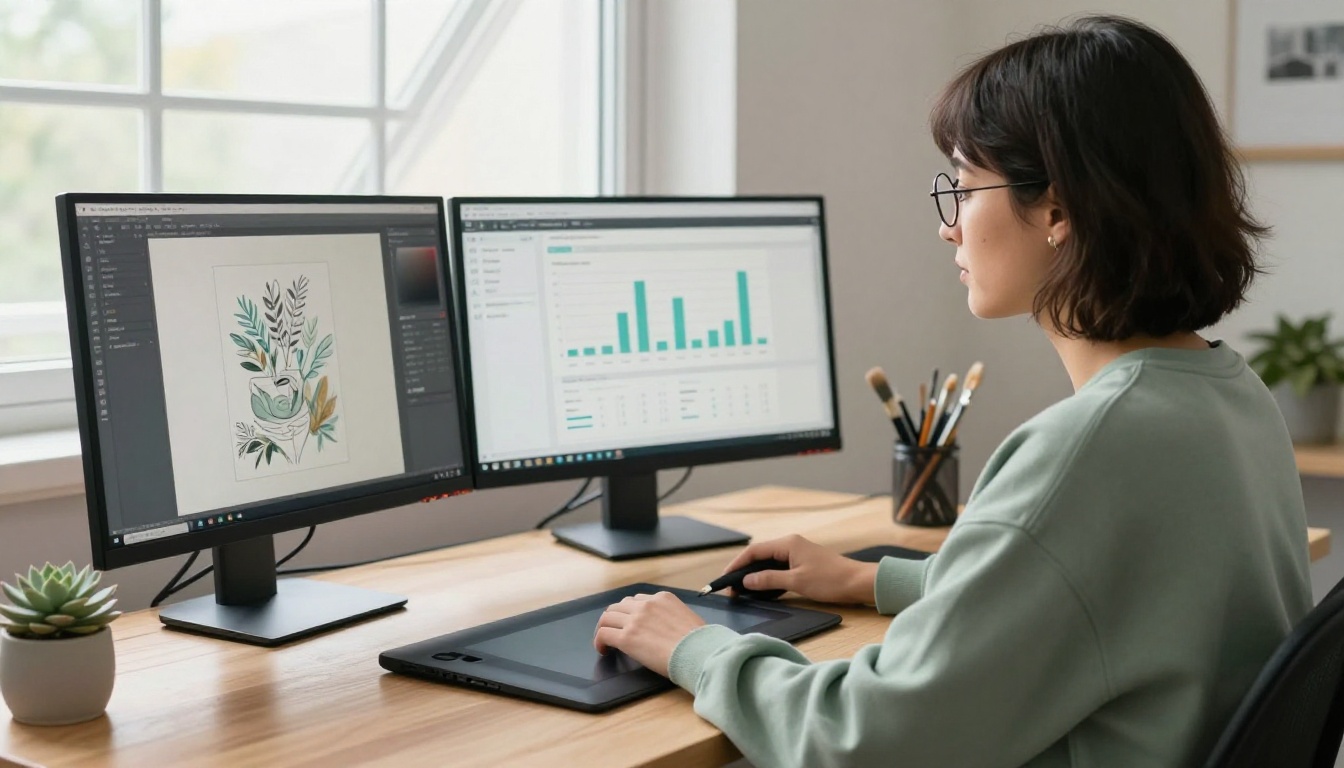 A freelance illustrator at a bright studio desk with dual monitors showing portfolio work and a clean analytics dashboard A freelance illustrator at a bright studio desk with dual monitors showing portfolio work and a clean analytics dashboard