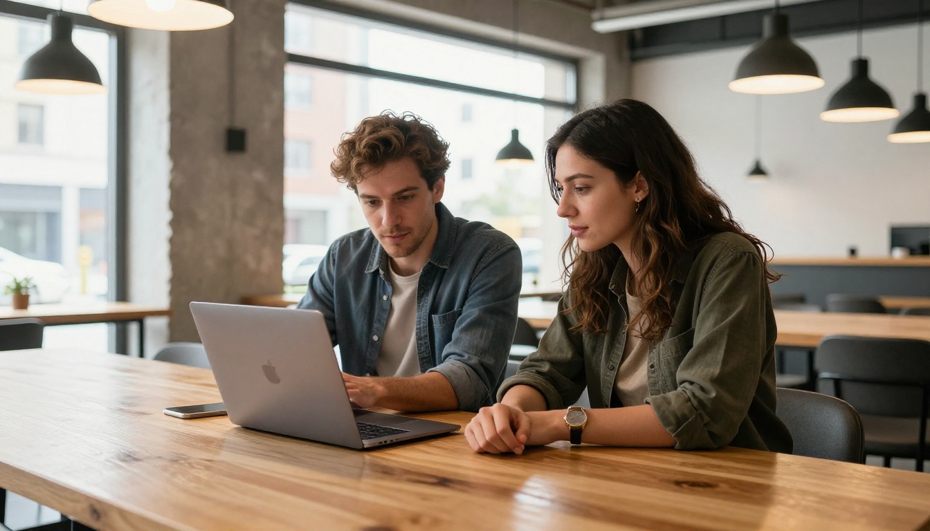 Two young creative professionals in a bright modern coworking space, one showing the other a digital flipbook portfolio on a laptop Two young creative professionals in a bright modern coworking space, one showing the other a digital flipbook portfolio on a laptop