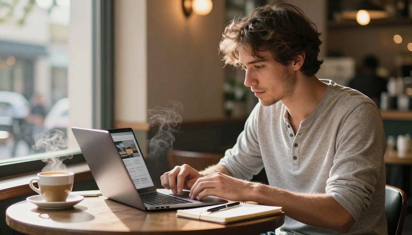 A relaxed male freelancer in a warmly lit independent cafe, laptop open with a beautifully designed flipbook portfolio visible on screen A relaxed male freelancer in a warmly lit independent cafe, laptop open with a beautifully designed flipbook portfolio visible on screen
