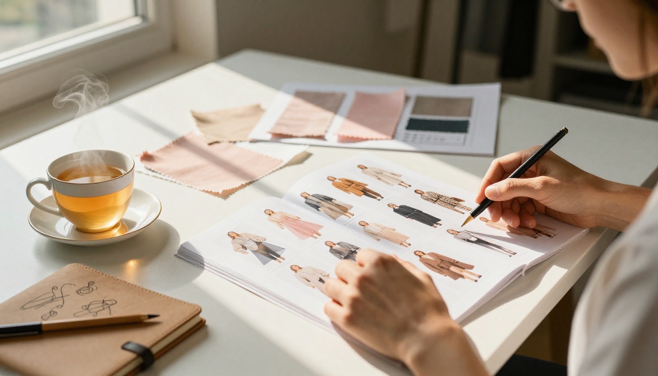 Fashion designer reviewing a lookbook spread at a minimalist desk
