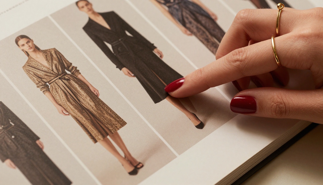 Hands turning the pages of a luxury fashion lookbook
