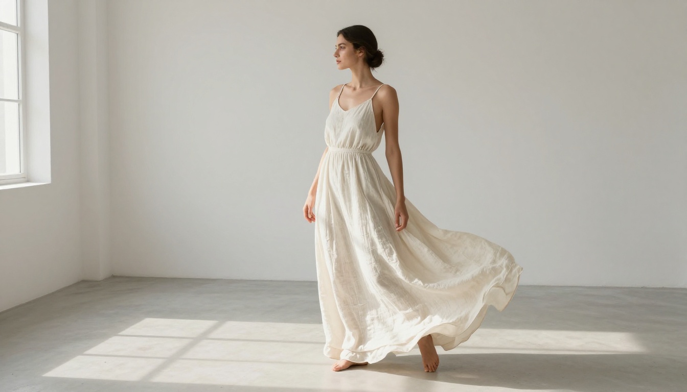 Model in flowing white linen dress in a minimalist studio from above