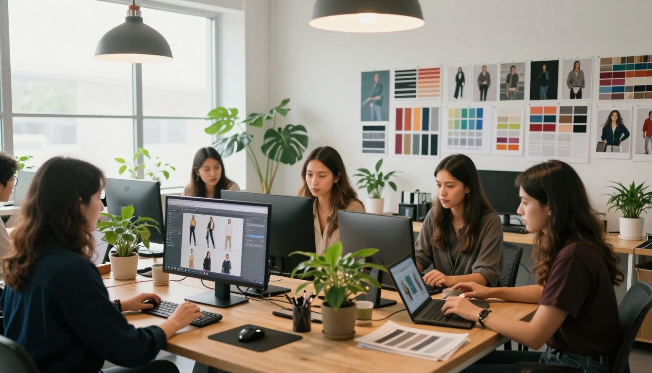 Fashion team reviewing digital lookbooks on monitors in a modern studio