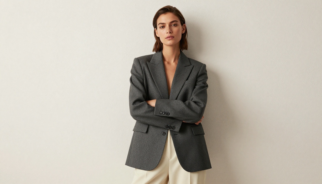 Model in charcoal blazer and cream trousers against textured wall