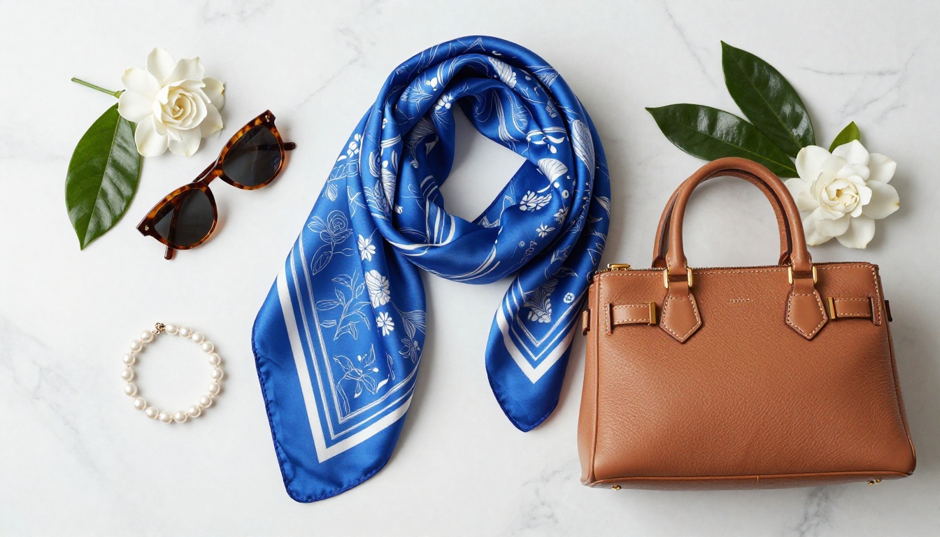 Luxury fashion accessories flatlay on white Carrara marble
