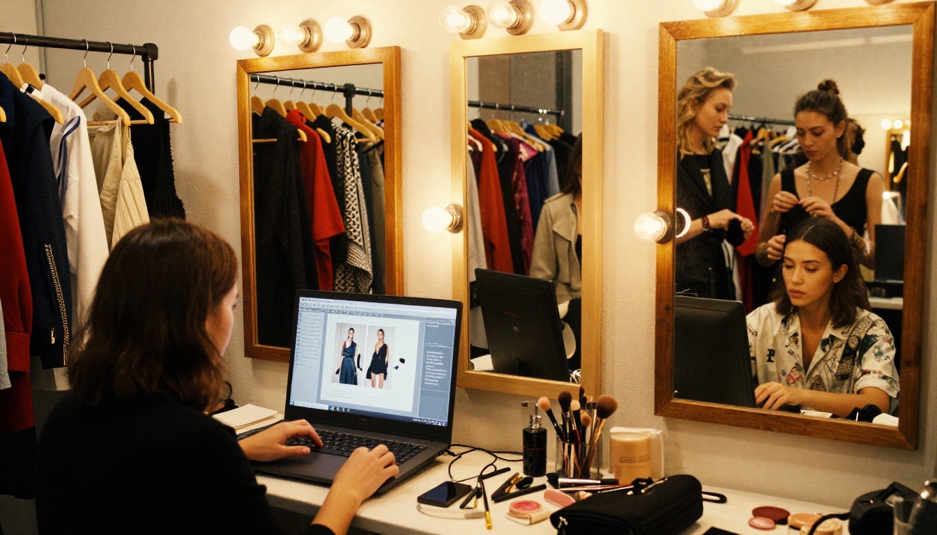 Fashion photographer backstage reviewing shots on a laptop