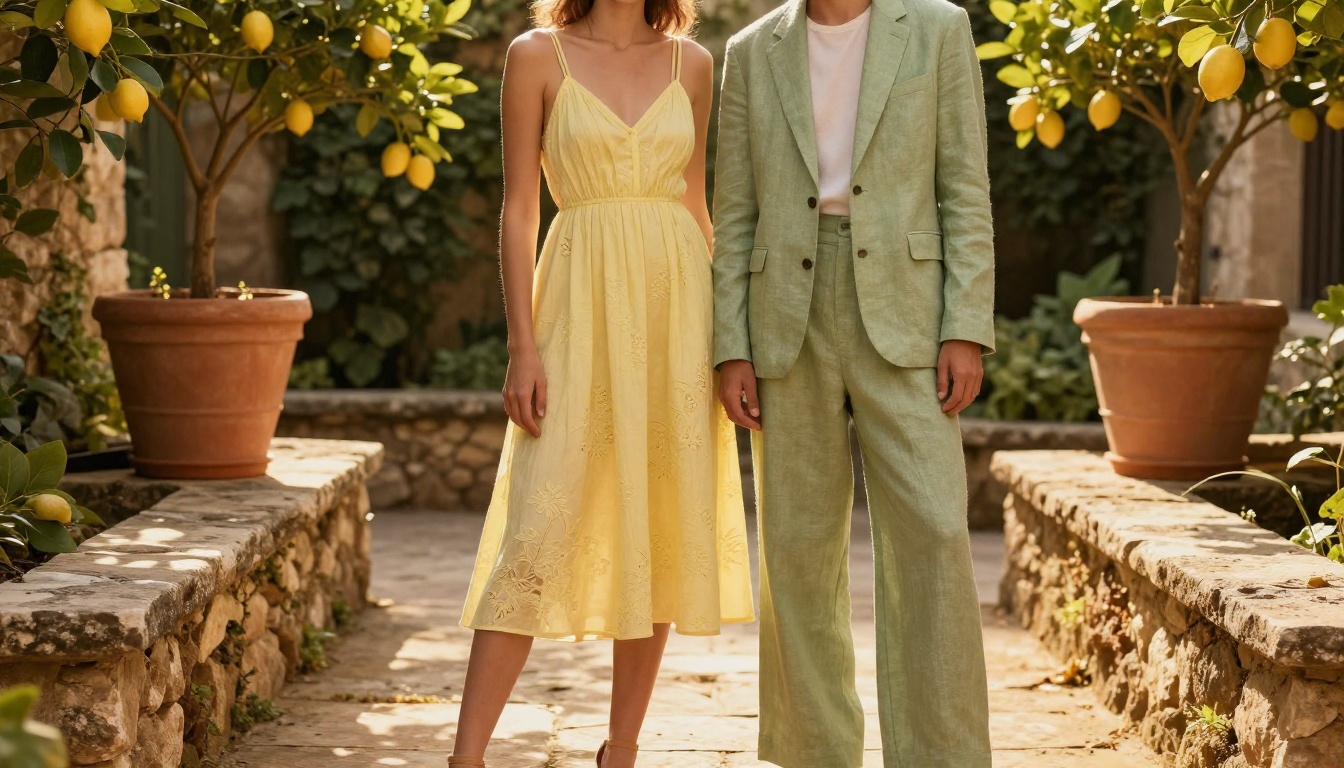 Two fashion models in coordinating spring outfits in a sunlit garden courtyard