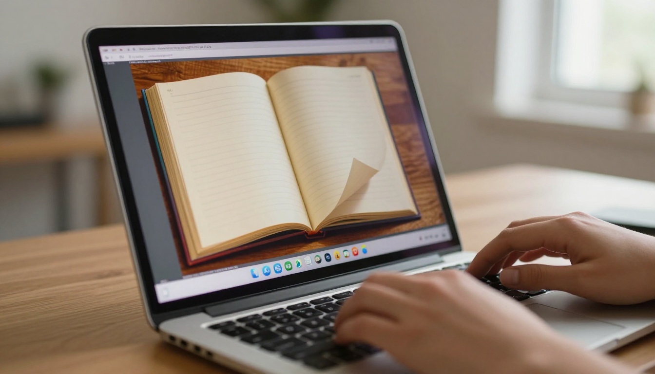 Digital flipbook interface on a laptop with page flip animation Digital flipbook interface on a laptop with page flip animation