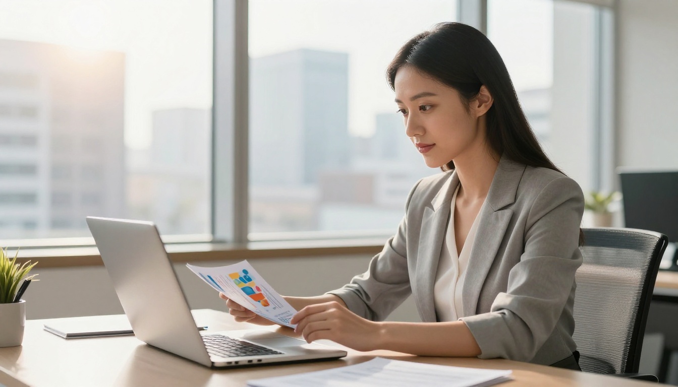 Young woman reviewing digital brochure at a bright modern office desk with city view Young woman reviewing digital brochure at a bright modern office desk with city view