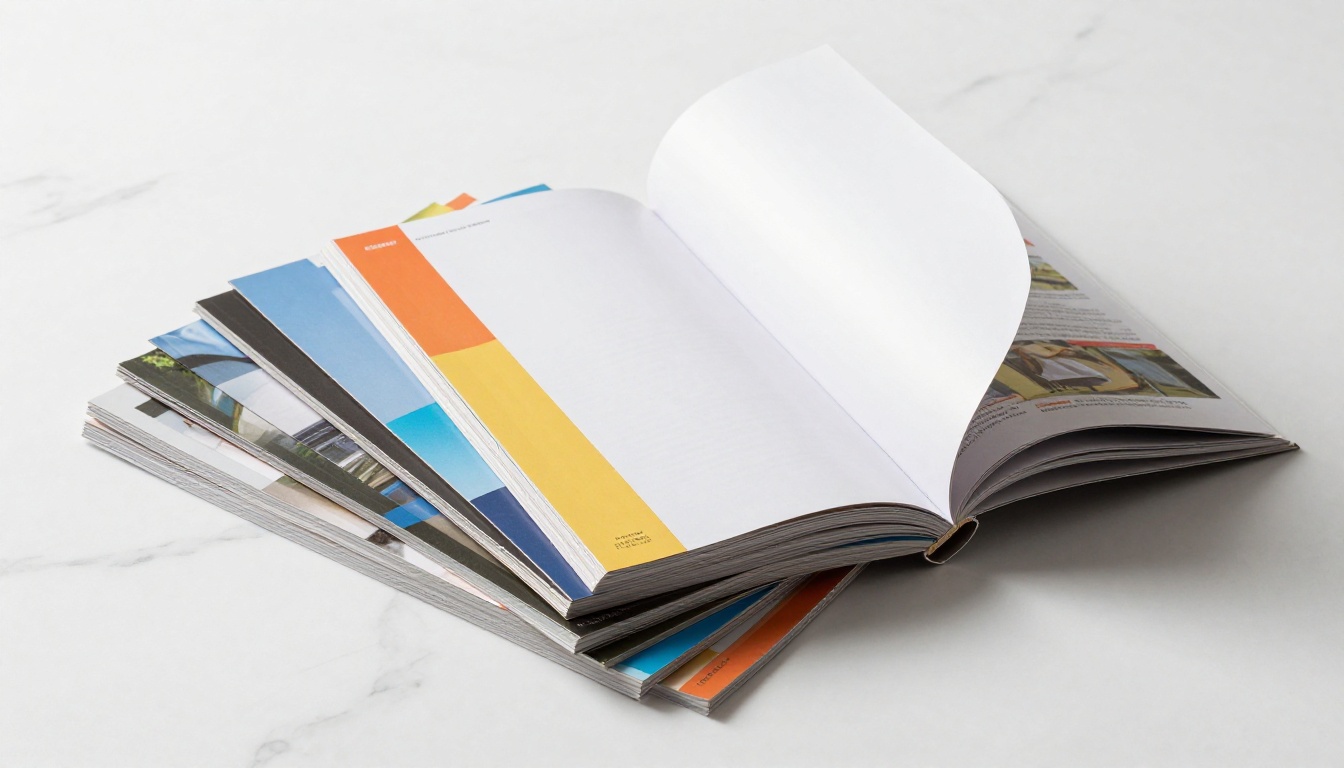 Stack of colorful magazines and glossy brochures fanned out on white marble surface with page mid-turn Stack of colorful magazines and glossy brochures fanned out on white marble surface with page mid-turn