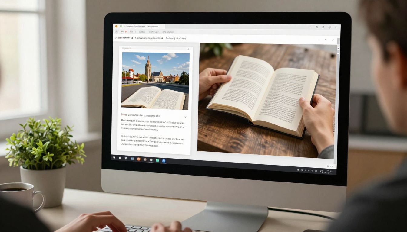 Desktop screen showing PDF to flipbook conversion side by side at a minimalist desk Desktop screen showing PDF to flipbook conversion side by side at a minimalist desk
