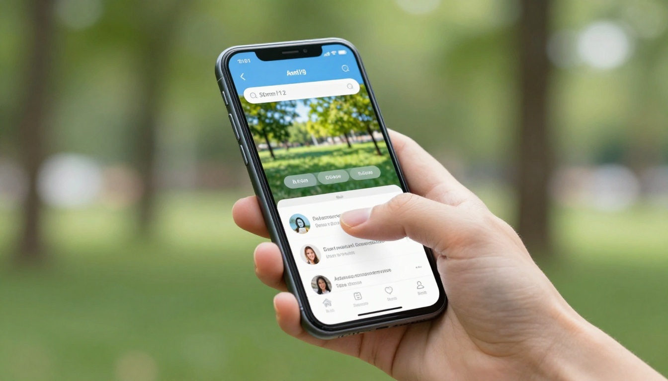 Hand holding smartphone displaying mobile flipbook with thumb mid-swipe outdoors Hand holding smartphone displaying mobile flipbook with thumb mid-swipe outdoors