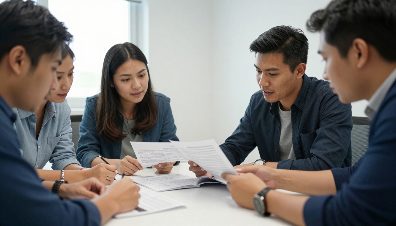 Small team of three professionals reviewing a publication together at a conference table Small team of three professionals reviewing a publication together at a conference table