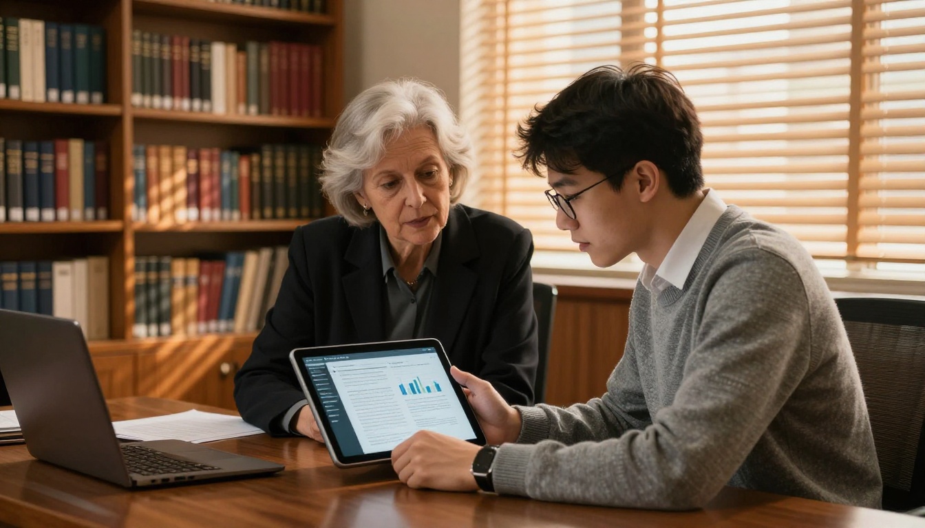 Student presenting digital thesis flipbook to professor in academic office Student presenting digital thesis flipbook to professor in academic office