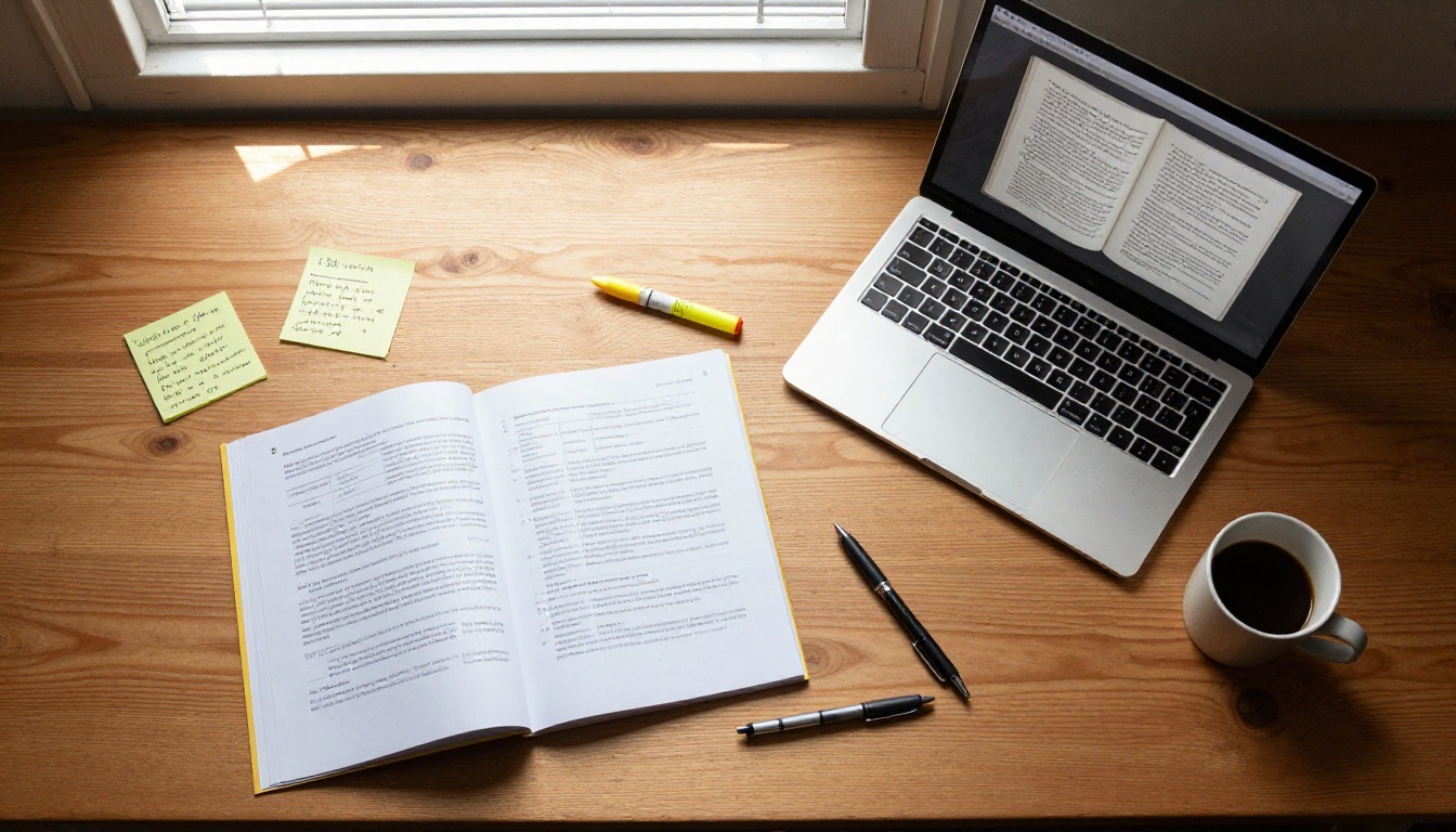 Aerial flat lay of thesis manuscript and laptop with digital flipbook interface Aerial flat lay of thesis manuscript and laptop with digital flipbook interface
