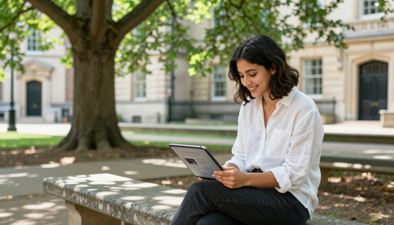 Female graduate student sharing her thesis flipbook on a university campus bench Female graduate student sharing her thesis flipbook on a university campus bench