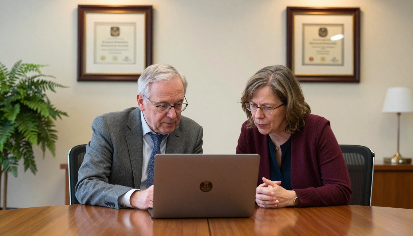 Two professors reviewing a student's digital thesis flipbook together on a laptop Two professors reviewing a student's digital thesis flipbook together on a laptop