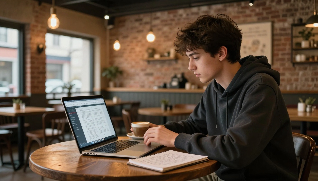 Young student reviewing his digital thesis flipbook at a coffee shop on a laptop Young student reviewing his digital thesis flipbook at a coffee shop on a laptop