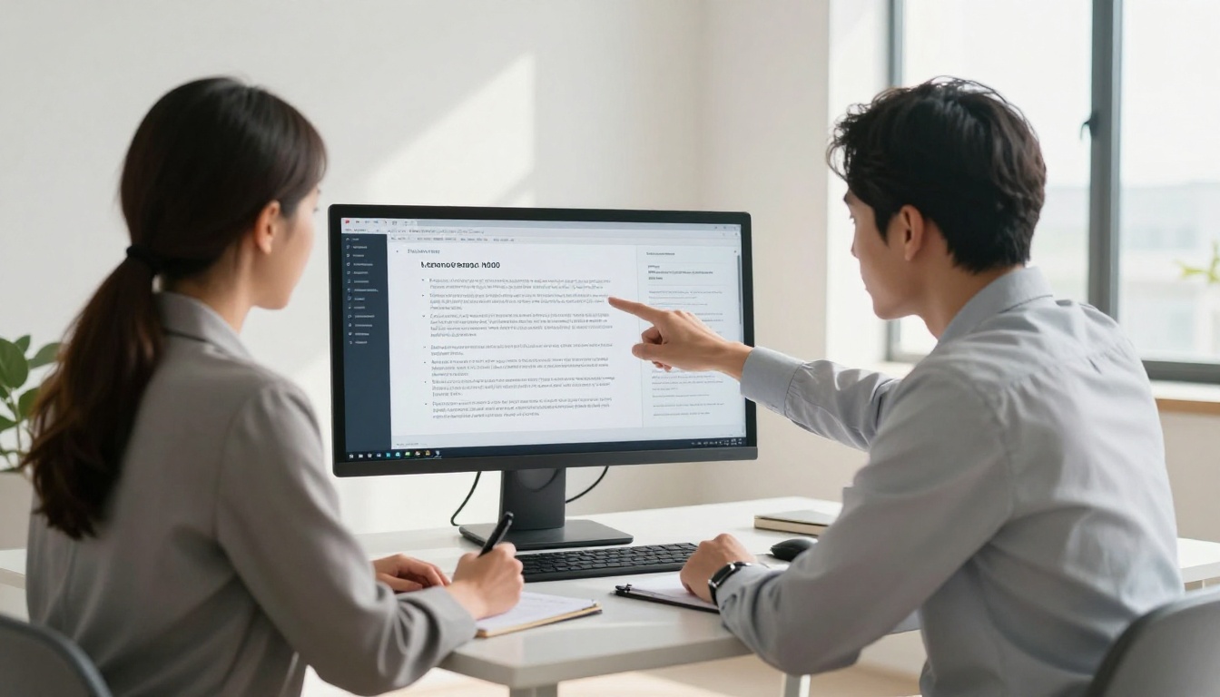 Two business professionals reviewing a digital proposal on a widescreen monitor in a bright office Two business professionals reviewing a digital proposal on a widescreen monitor in a bright office