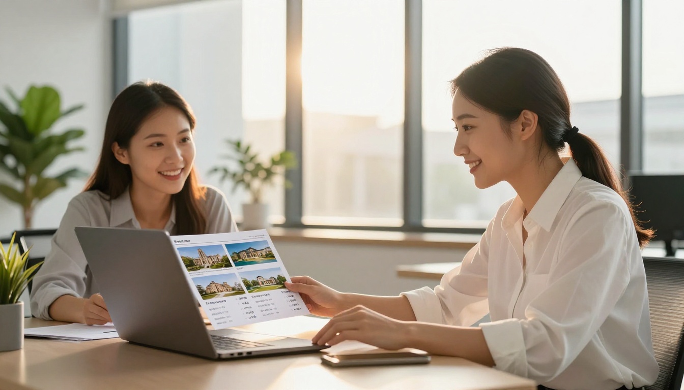 Real estate agent seated beside a couple, showing a property proposal flipbook on a laptop screen Real estate agent seated beside a couple, showing a property proposal flipbook on a laptop screen