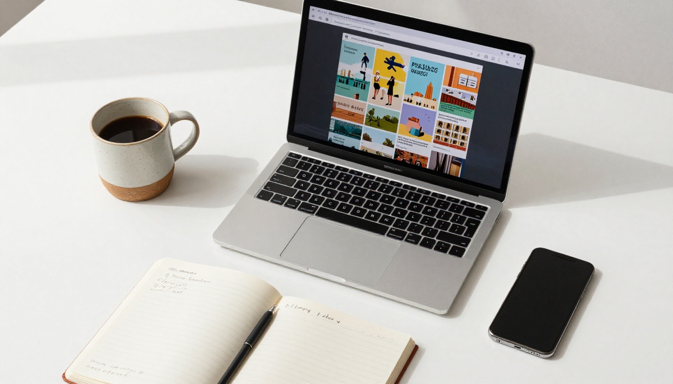 Overhead flat-lay of a minimalist desk workspace with a laptop showing a flipbook proposal, coffee mug, and notebook Overhead flat-lay of a minimalist desk workspace with a laptop showing a flipbook proposal, coffee mug, and notebook