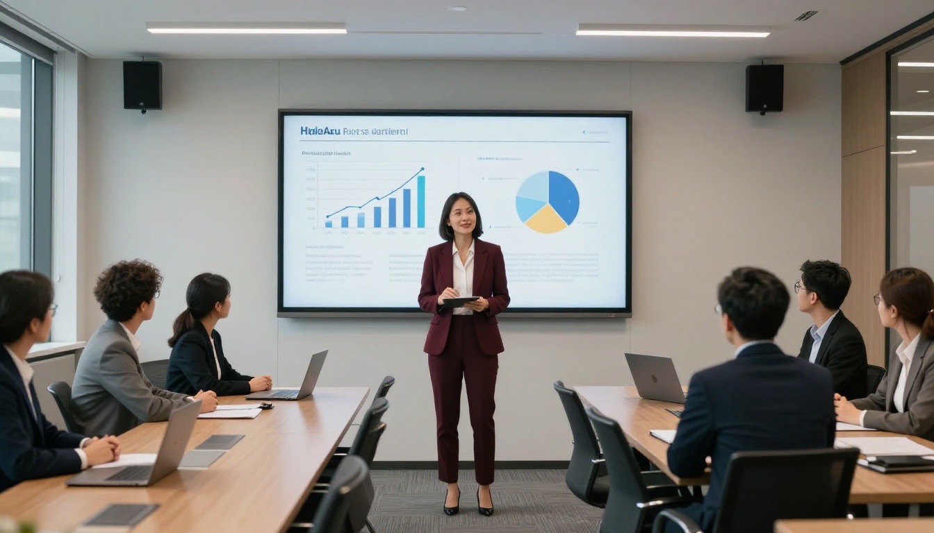 Confident businesswoman standing at the head of a modern boardroom, presenting a digital proposal on a wall-mounted screen Confident businesswoman standing at the head of a modern boardroom, presenting a digital proposal on a wall-mounted screen