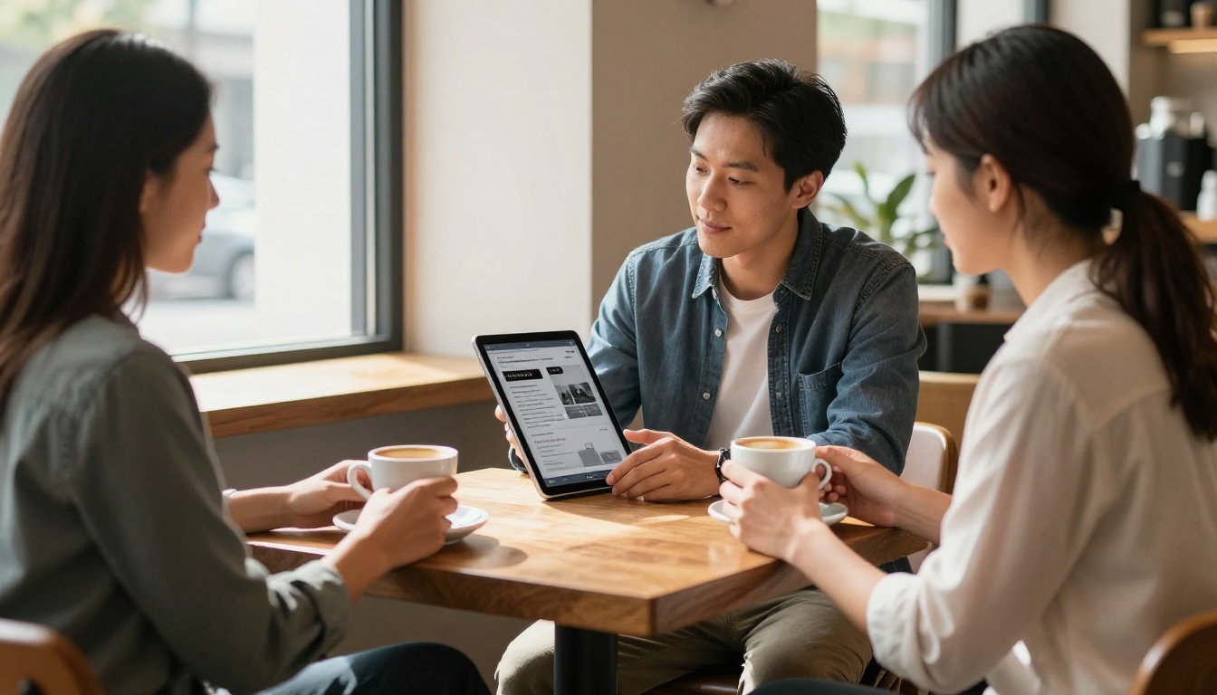 Sales professional presenting an interactive flipbook proposal on an iPad to a client across a coffee shop table Sales professional presenting an interactive flipbook proposal on an iPad to a client across a coffee shop table