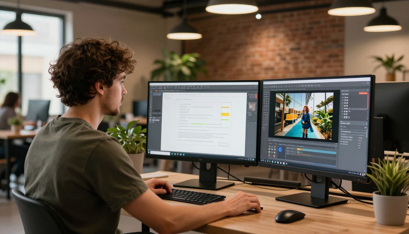 Creative agency professional working at a dual-monitor setup with a flipbook proposal design on screen Creative agency professional working at a dual-monitor setup with a flipbook proposal design on screen