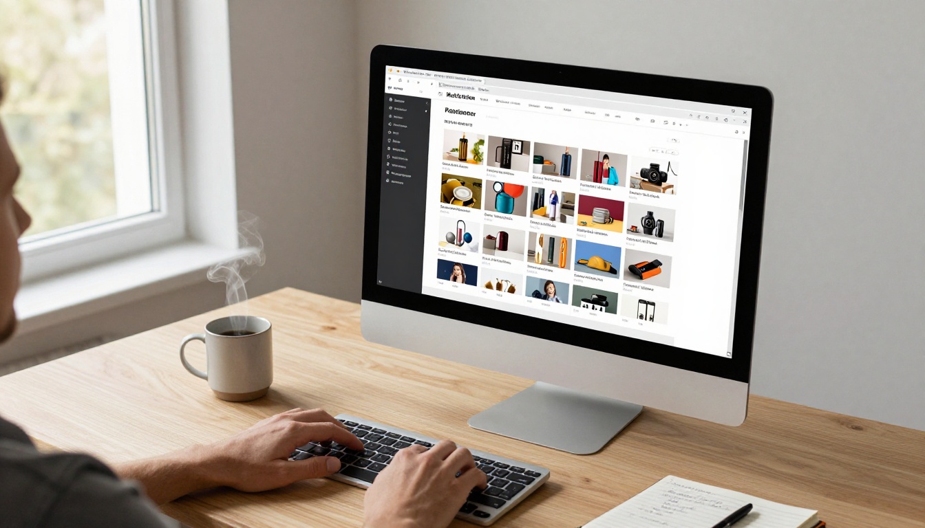 A professional graphic designer working at a clean Scandinavian-style desk with an iMac displaying a beautifully organized catalog layout grid, natural afternoon light streaming from a floor-to-ceiling window, ash wood desk surface with ceramic mug and Moleskine notebook, Kodak Portra 400 film grain, photorealistic 8K