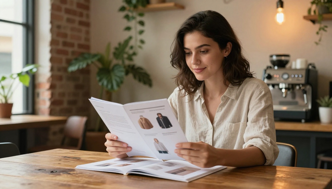 A confident young female small business owner sitting at a rustic reclaimed wood table in a bright cafe-style home office, holding a printed product catalog open with both hands, studying it with a focused slight smile, Edison bulbs casting warm honeyed light, Sony A7R IV 55mm f/1.8, natural window light creating catchlight in her eyes, Kodak Portra 400 film grain, photorealistic 8K