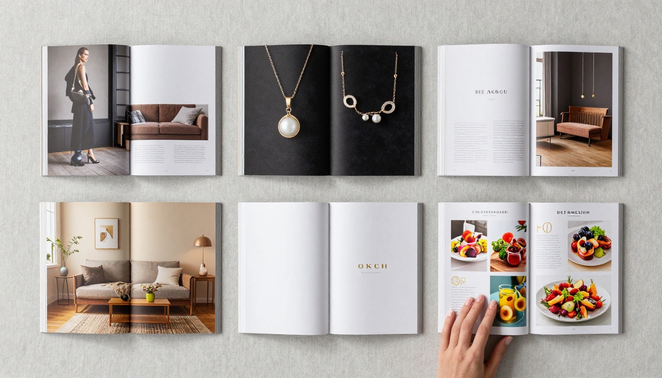 Aerial flat-lay shot looking straight down at five different open catalogs fanned out on a light grey linen surface showing fashion editorial spreads, jewelry on black velvet pages, furniture lifestyle photography, minimalist skincare layouts, and a colorful recipe catalog, a hand with French-manicured nails reaching to touch a catalog edge, Sony A7 III 24mm f/5.6, diffused north-facing studio light, Kodak Portra 400 grain, photorealistic 8K