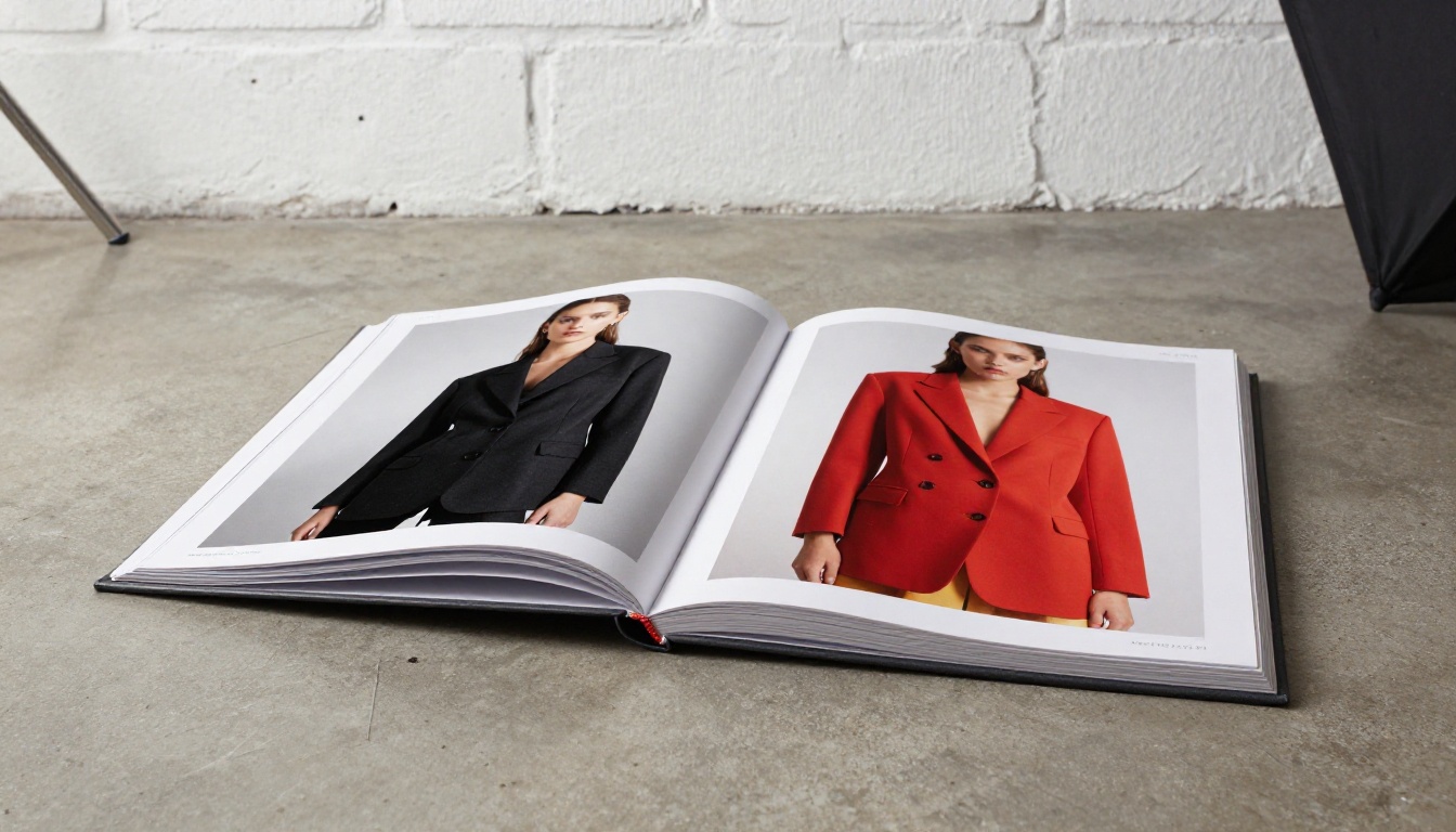A high-fashion clothing catalog lying open on a polished concrete floor in a minimalist photography studio showing a double-page editorial spread with moody black-and-white model photography on the left and bold color hero imagery on the right, low angle camera at floor level pointing slightly upward for dramatic worm's-eye perspective, Canon 1DX Mark III 24mm f/2.8 tilt-shift, warm tungsten rim glow on catalog edges, Kodak Portra 400 film grain, photorealistic 8K