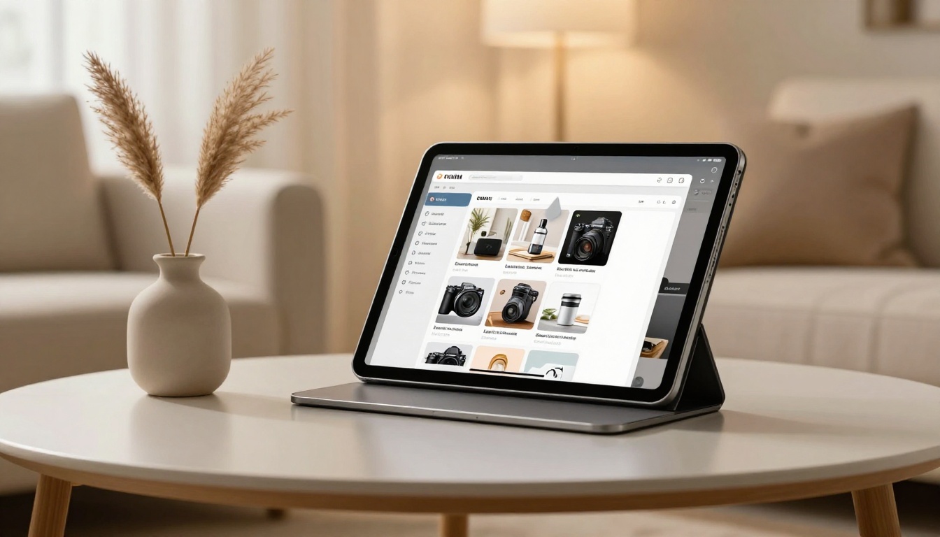 A modern tablet device propped on a brushed aluminum stand displaying a digital interactive product catalog with clickable product cards and subtle hover shadow effects, resting on a white oak side table with a ceramic vase and pampas grass stems, floor-to-ceiling sheer linen curtains filtering warm afternoon light, Fujifilm X-T4 56mm f/1.4, Kodak Portra 400 film grain, photorealistic 8K