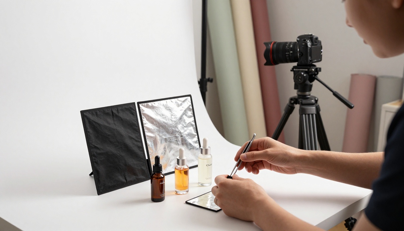 A professional product photographer's hands mid-motion placing a glass serum bottle with precision tweezers on a white seamless paper backdrop inside a bright studio, two large octobox softboxes flanking the setup creating even shadowless illumination, a medium-format digital camera on a tripod visible in the mid-ground, Canon R6 70mm f/2.8, clean cool studio light with warm fill, Kodak Portra 400 grain, photorealistic 8K