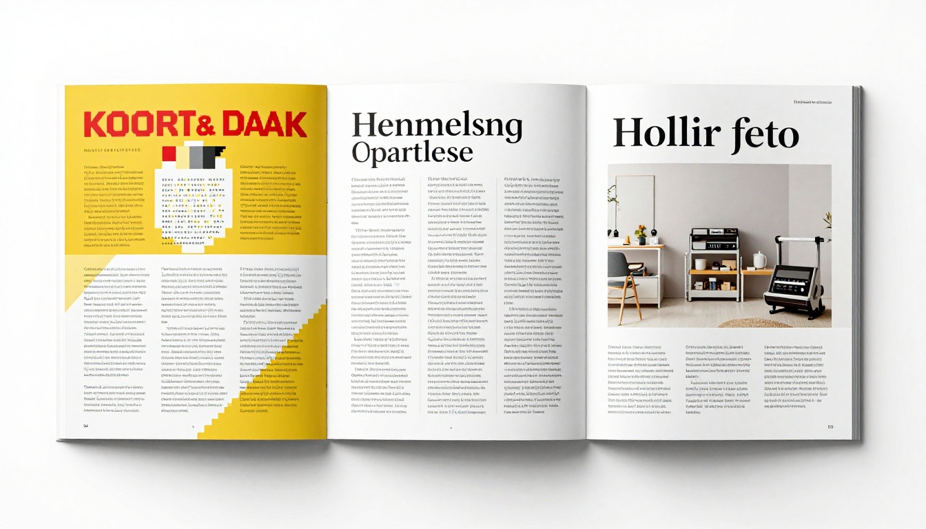 Two printed product catalogs placed side by side on a clean white desk surface, the left showing an amateur layout with pixelated product images and crowded garish text, the right showing a polished premium editorial layout with professional photography, ample white space, sophisticated muted palette and clean serif typography, straight-on frontal angle with slight downward tilt, Nikon D850 50mm f/4.0, flat lay neutral studio lighting, Kodak Portra 400 film grain, photorealistic 8K
