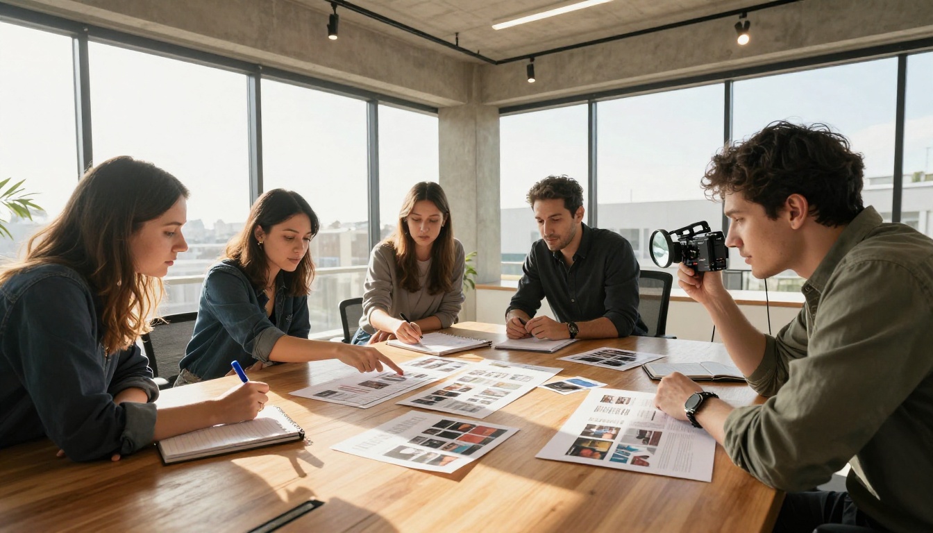 A small creative team of three people gathered around a large wooden conference table in a sunlit modern office reviewing printed catalog proofs, one person pointing at a layout detail with a felt-tip marker, another making notes in a spiral notebook, a third holding a magnifying loupe over a printed image, floor-to-ceiling windows flooding the room with mid-morning daylight, Sony FX3 28mm f/3.5, Kodak Portra 400 film grain, photorealistic 8K