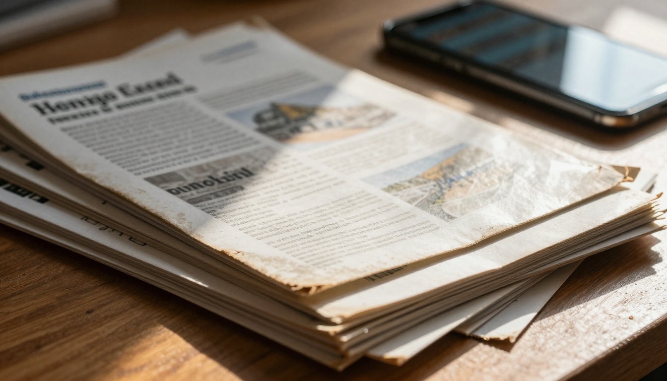 Stacks of printed marketing brochures and catalogs on a wooden desk with a glowing digital flipbook visible in the background