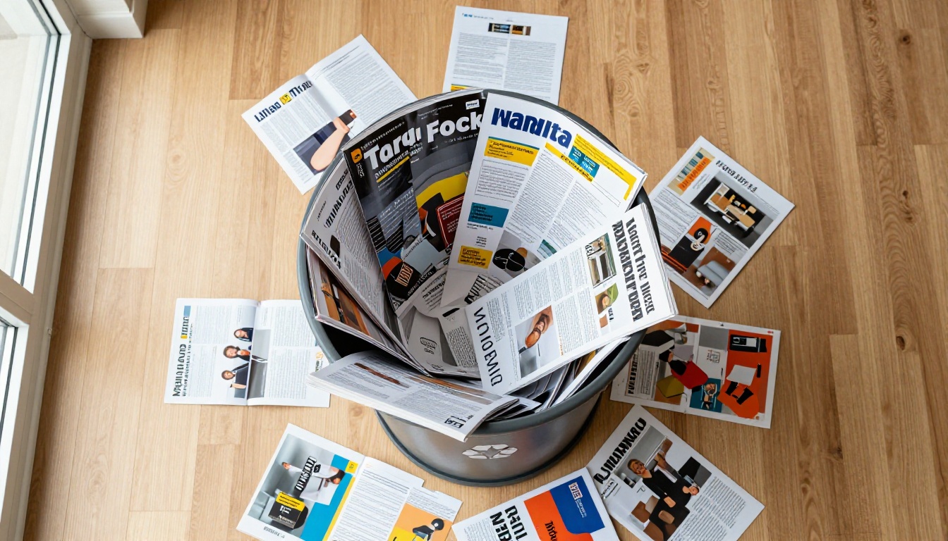 A recycling bin overflowing with discarded print marketing materials in a modern office