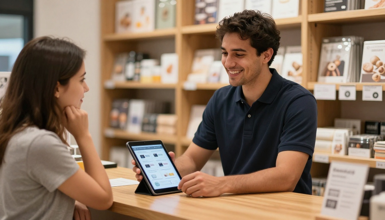 A retail store employee showing a digital product catalog flipbook on a tablet to a customer at the counter