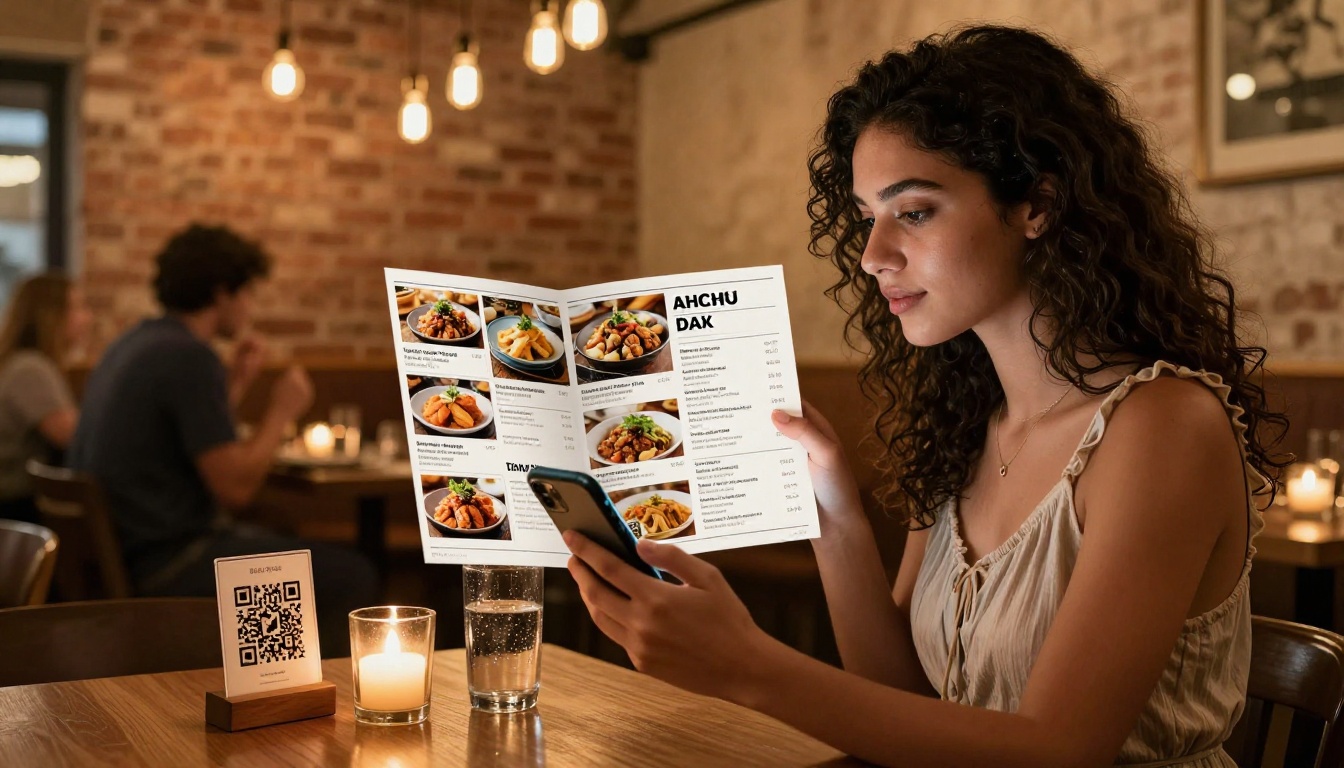 A woman at a restaurant table using her smartphone to view a digital menu flipbook with warm candlelight ambiance
