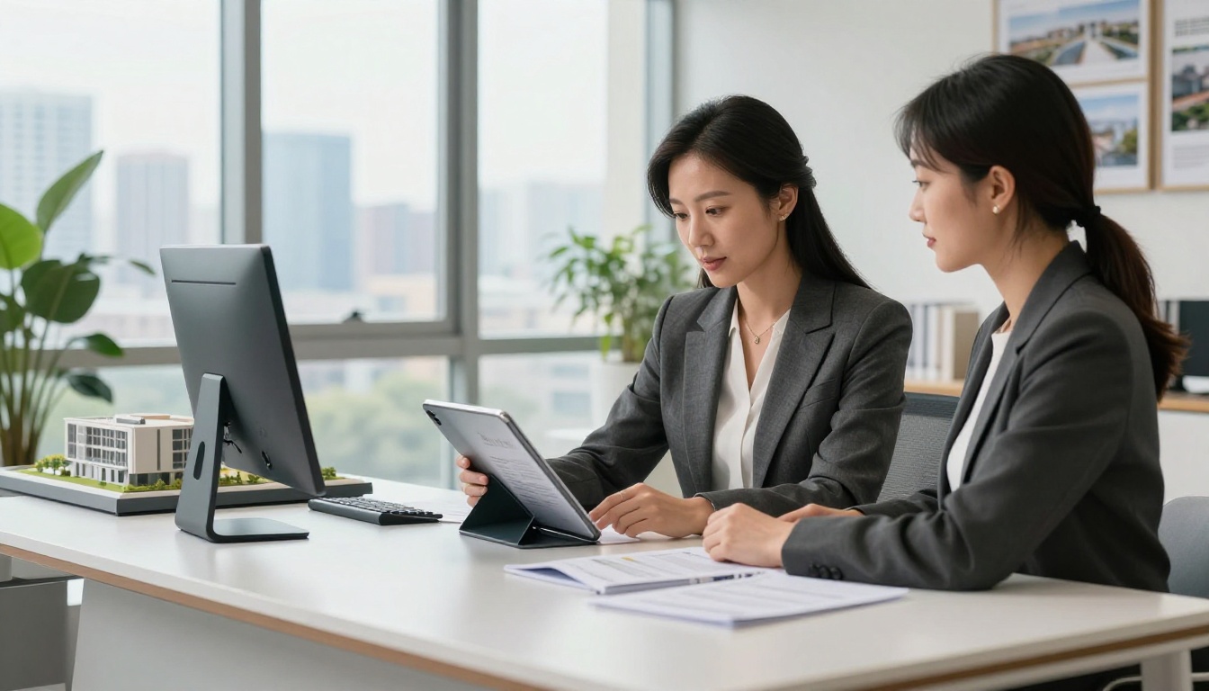 A real estate agent showing a luxury property brochure flipbook on a tablet to a young couple in a bright modern office