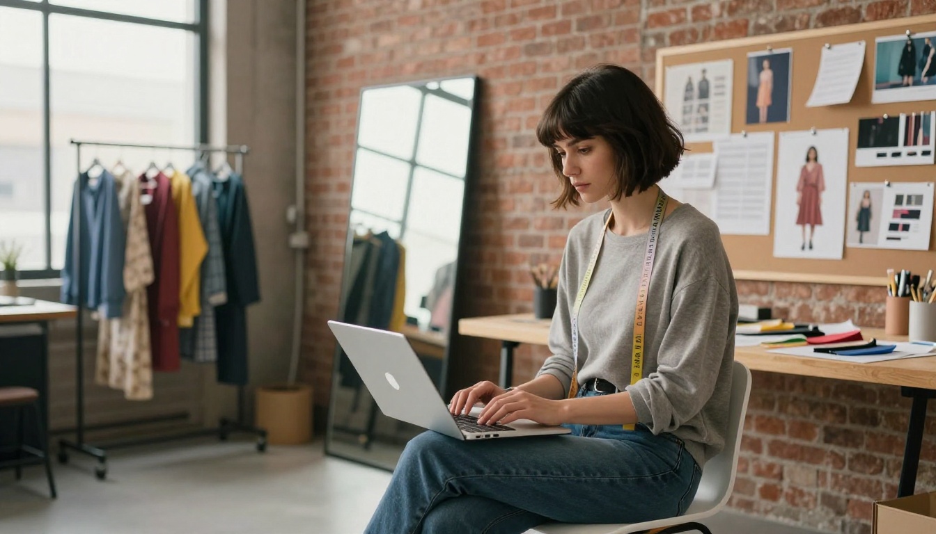 A fashion designer browsing a digital lookbook on a laptop in a creative studio with garment racks and fabric swatches