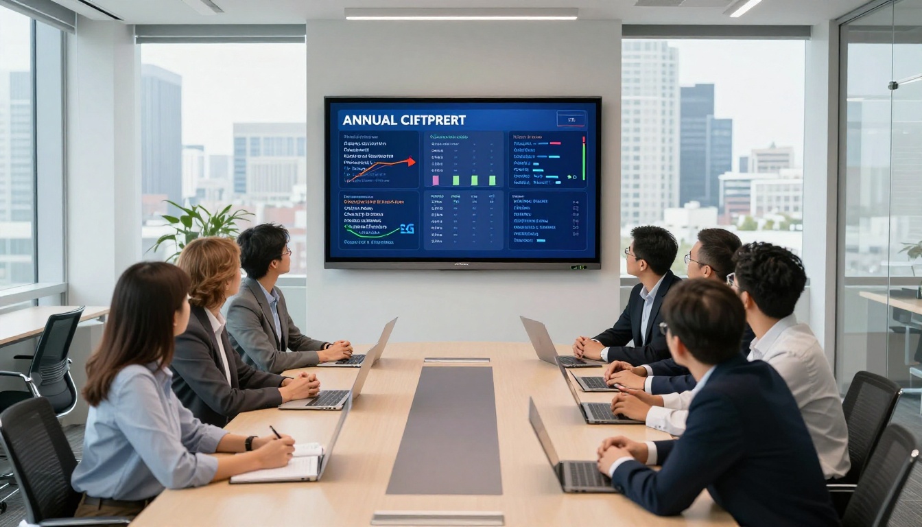 A diverse team gathered around a conference table viewing a digital annual report flipbook on a large screen