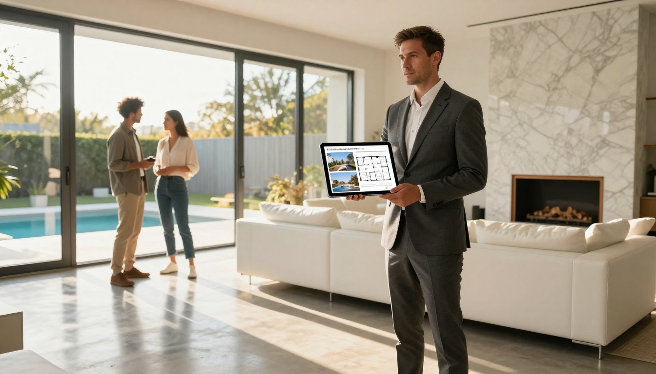 Real estate agent presenting a digital flipbook to buyers at an open house Real estate agent presenting a digital flipbook to buyers at an open house
