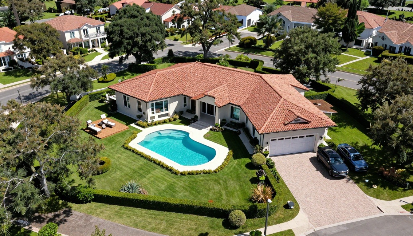 Aerial drone view of a luxury detached home with pool and manicured gardens Aerial drone view of a luxury detached home with pool and manicured gardens