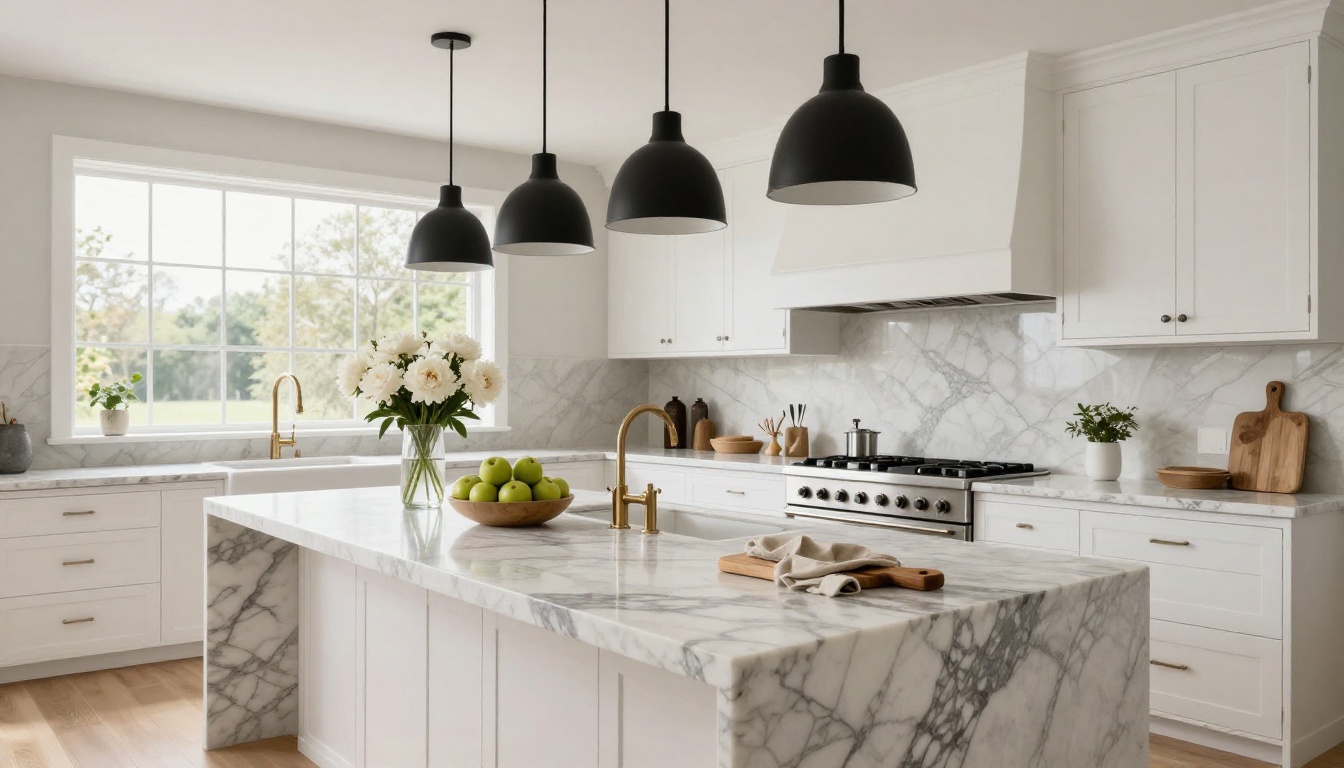 Professionally staged luxury kitchen with marble island and pendant lighting Professionally staged luxury kitchen with marble island and pendant lighting
