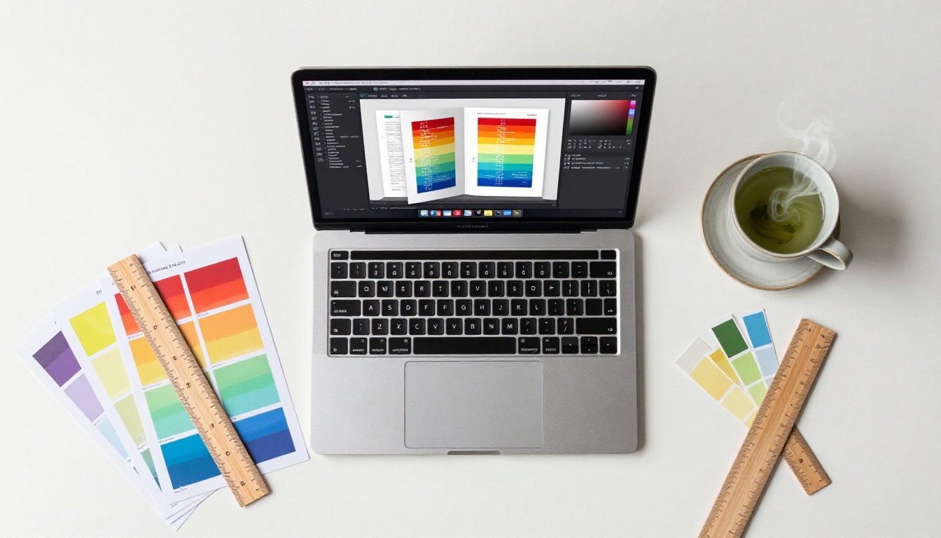 Designer workspace aerial view with flipbook editing interface on MacBook