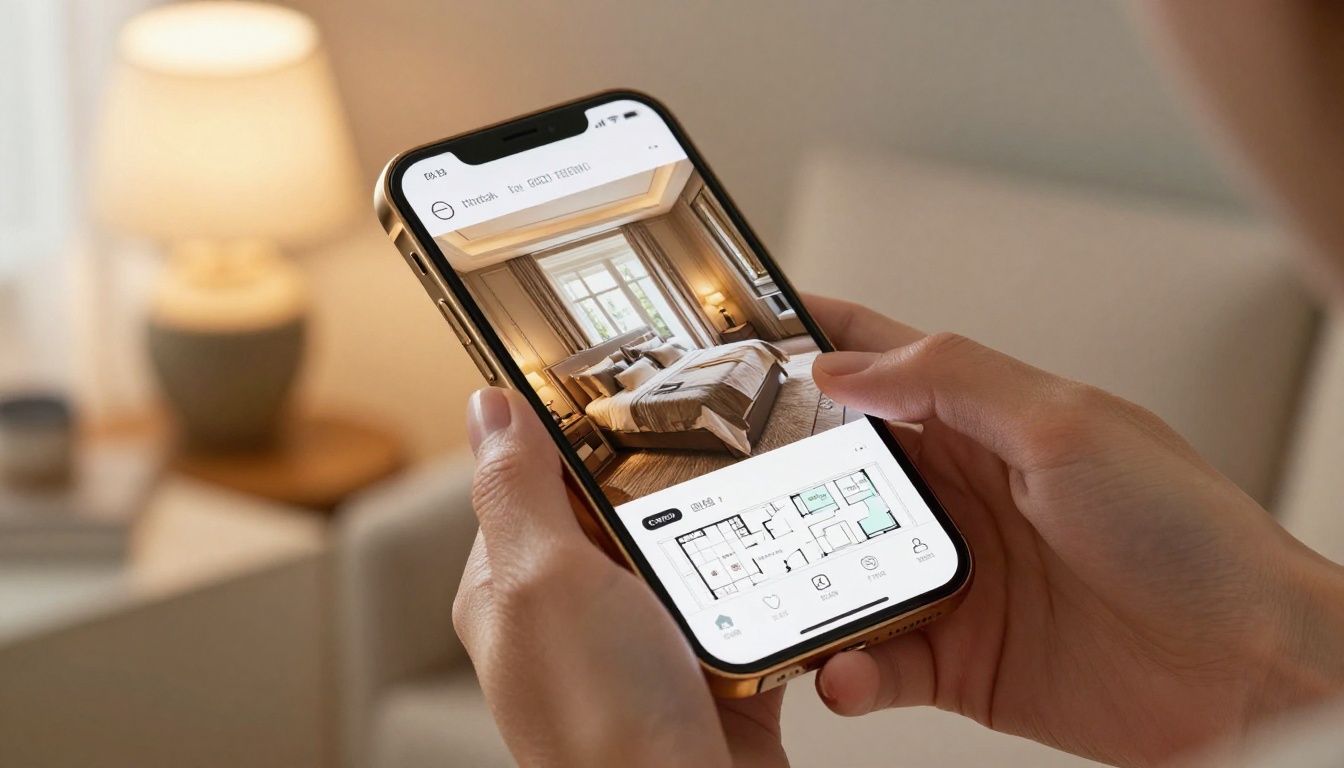 Smartphone displaying a real estate flipbook with page-turn animation Smartphone displaying a real estate flipbook with page-turn animation